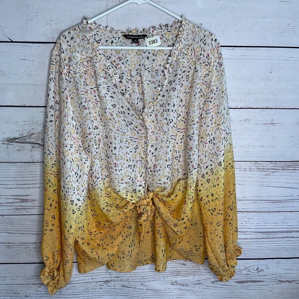 NWOT Zac & Rachel Peasant V-Neck Blouse Women Size 2X Yellow/Ombre Boho Floral